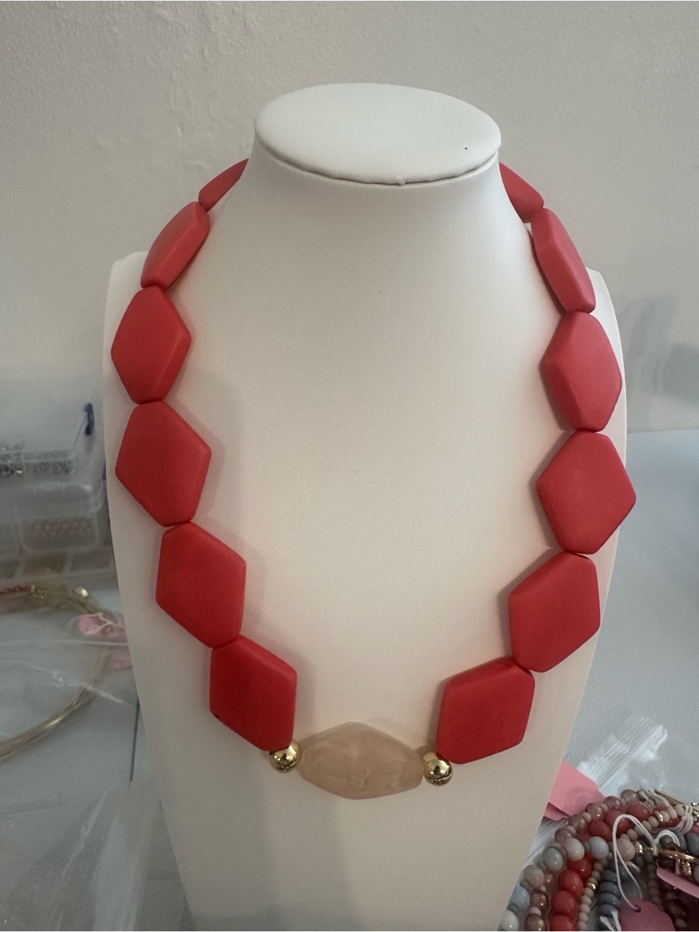 Dark Rose and Ivory Geometric Bead Necklace with Gold Accents